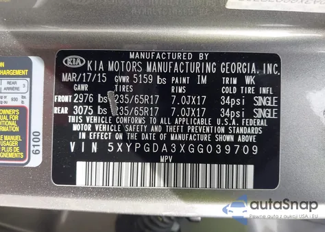 2016 Kia Sorento 2.4L Lx z USA, uszkodzony, nr VIN 5XYPGDA3XGG039709